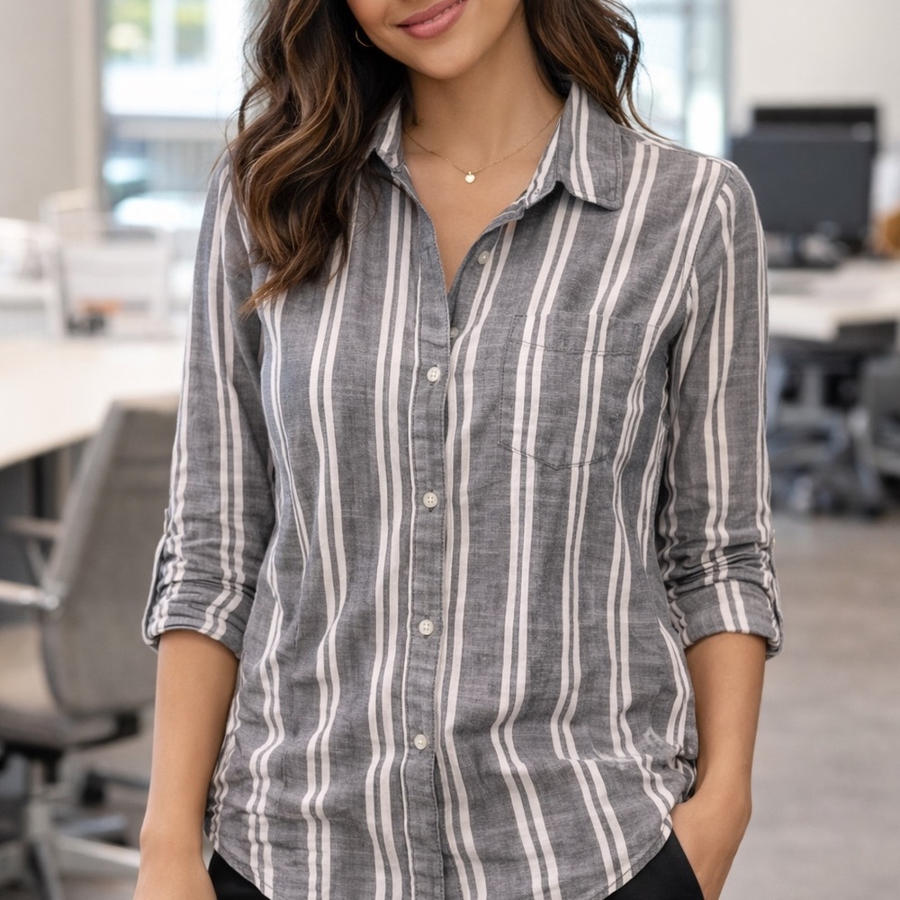 dip Gray and White Striped Button-Down Shirt